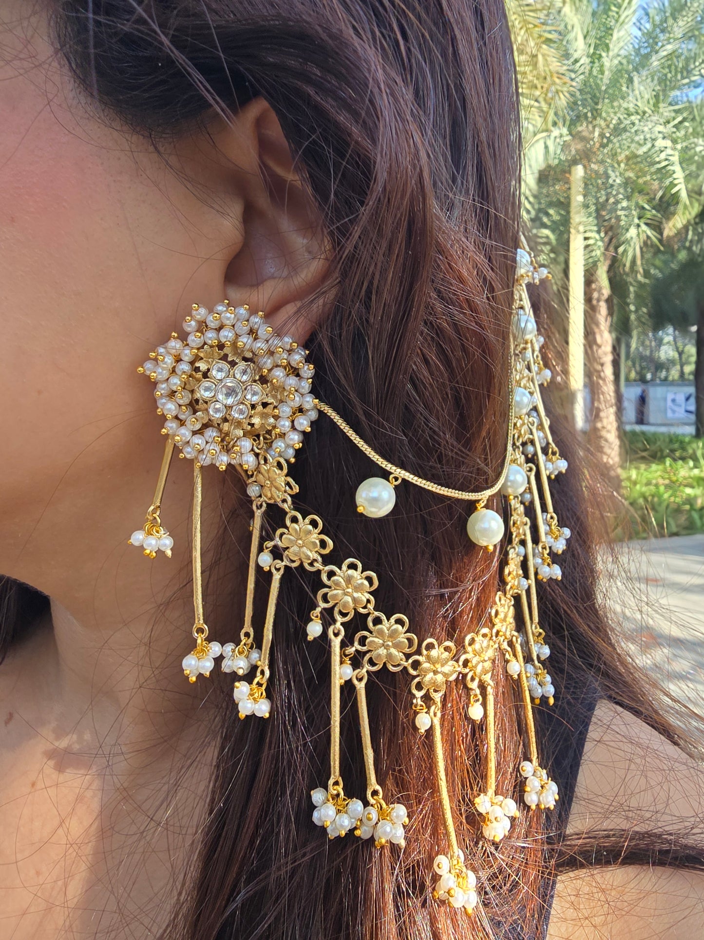 Bahubali Kundan Matt Ear Sahara Earrings with Triple-Layer Kaanchain (ear chain)