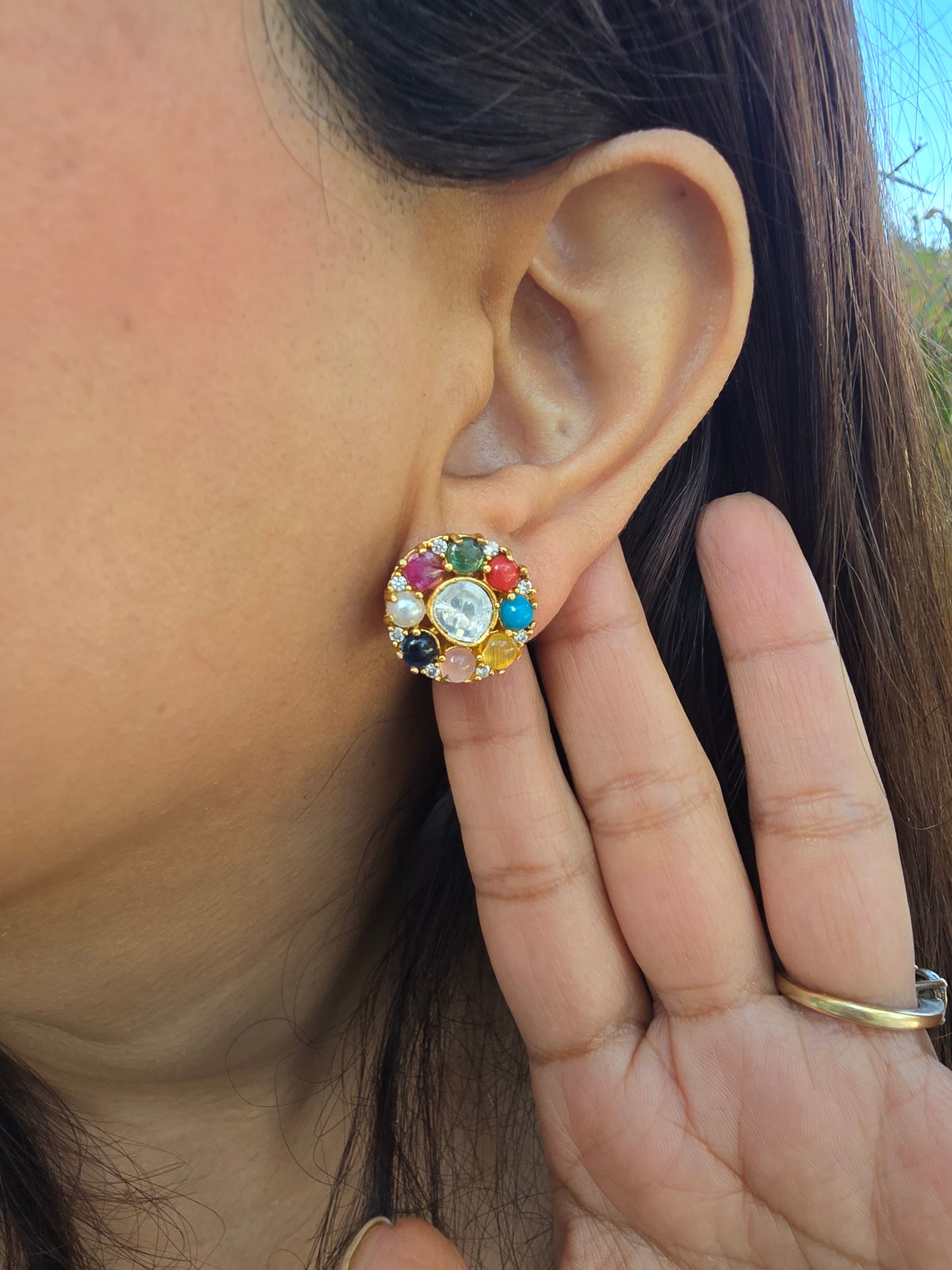 Navrangi Glow: Traditional Multi-Gemstone Navratna Style Gold Studs