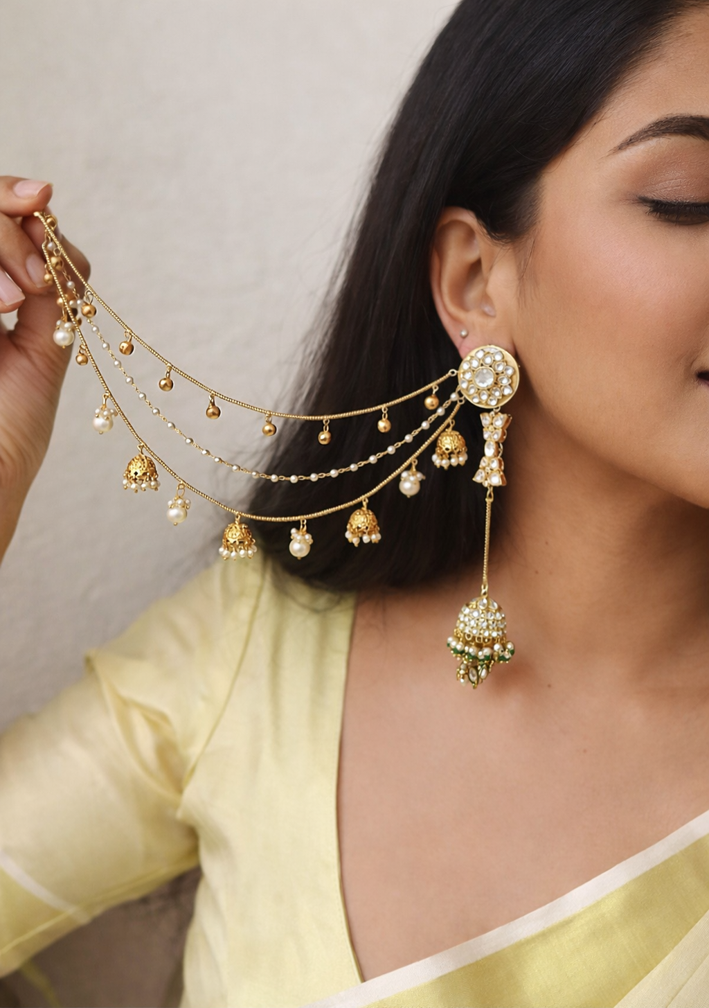 Bahubali Kundan Matt Ear Sahara Earrings with Triple-Layer Kaanchain (Ear Chain)