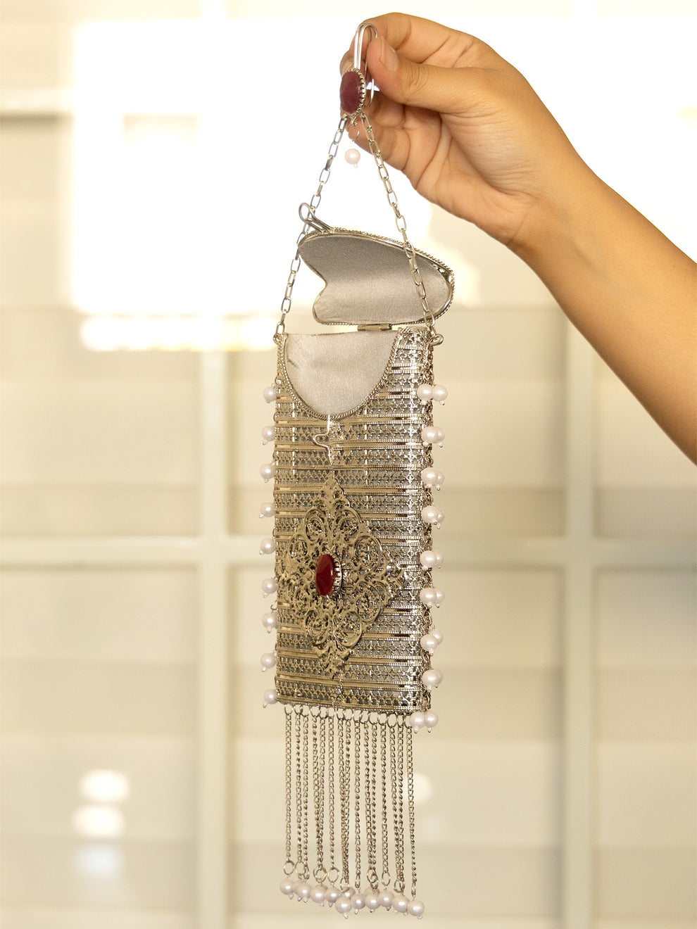 Silver Mobile pouch with fring Tassels