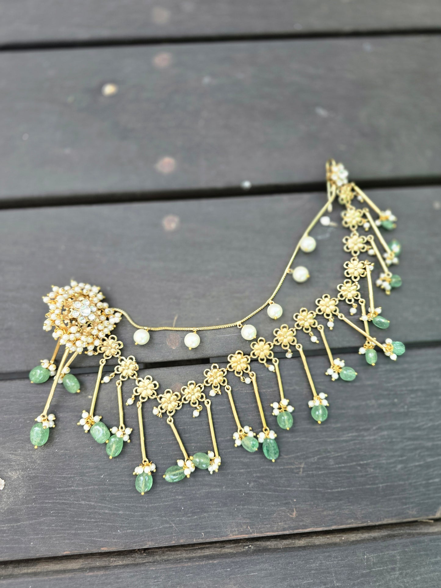 Bahubali Kundan Matt Ear Sahara Earrings with Triple-Layer Kaanchain (ear chain)