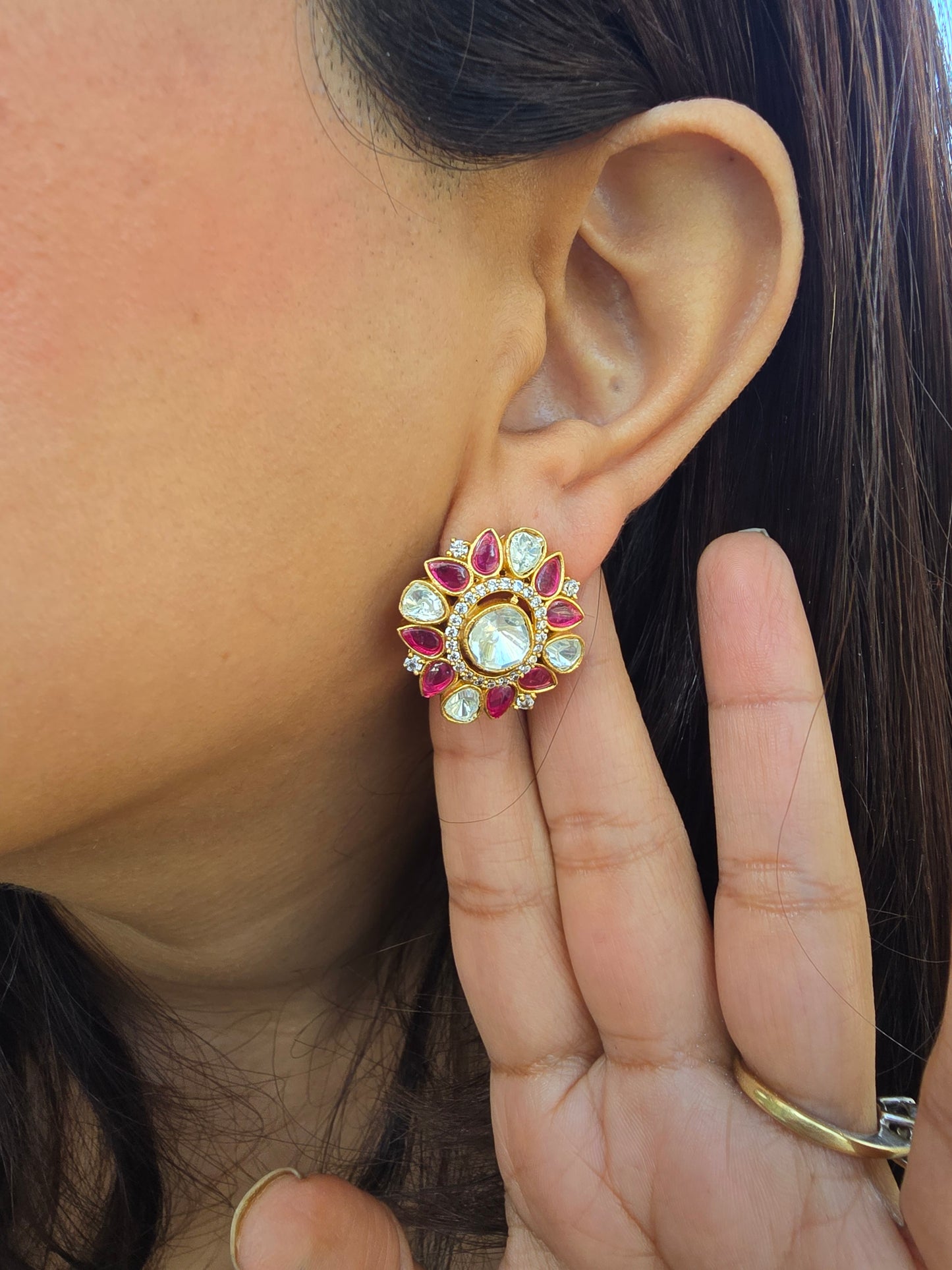 Gulabi Kiran: Ruby-Pink & Kundan Sunburst Floral Studs