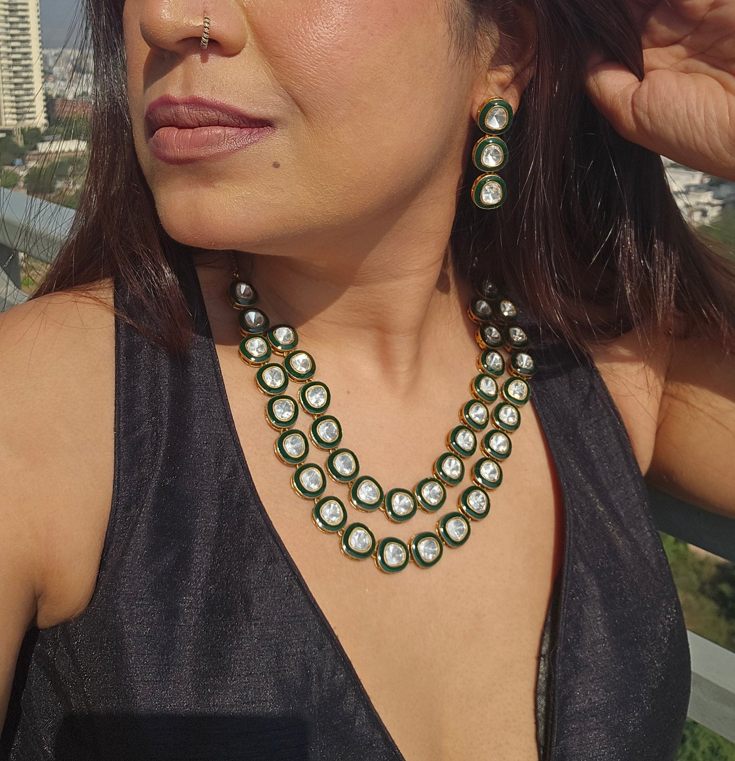 Double layered Polki Moissanite Necklace Set