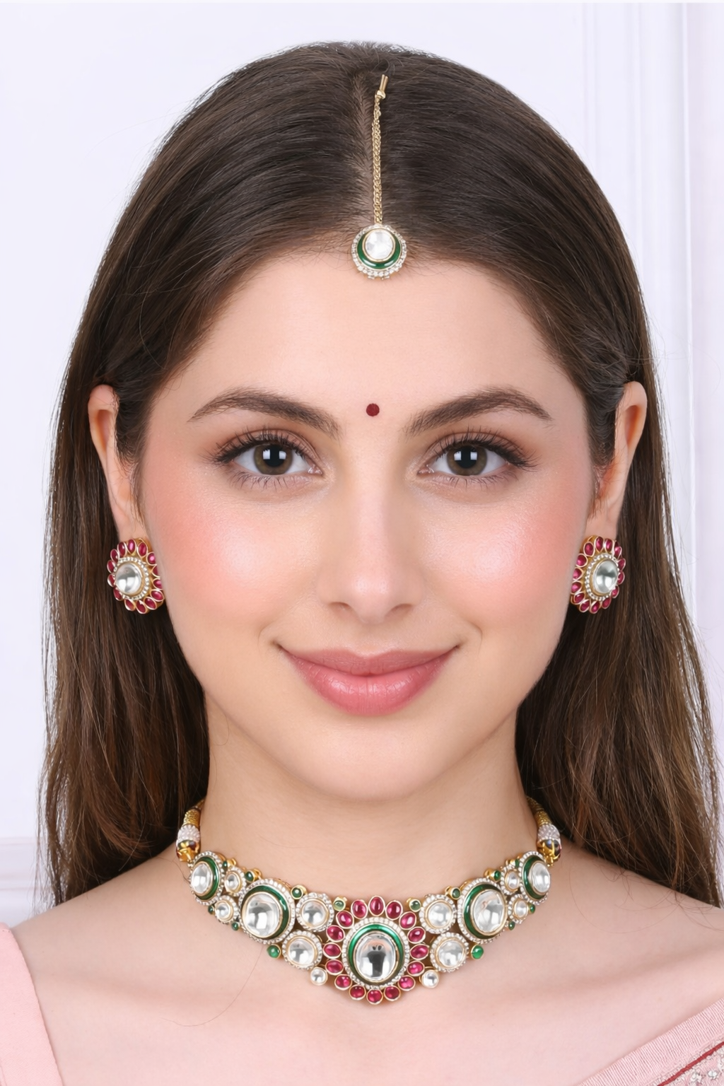 Handmade Polki Layered Set – Green Meenakari Kundan Bridal Jewelry