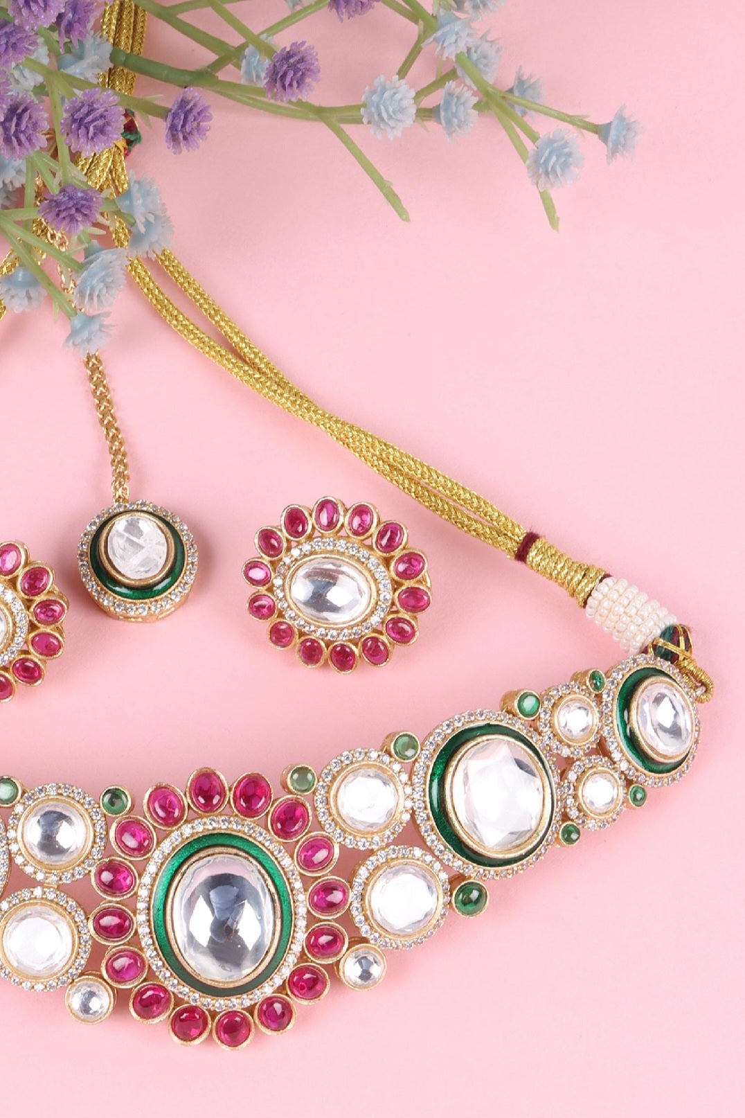 Handmade Polki Layered Set – Green Meenakari Kundan Bridal Jewelry