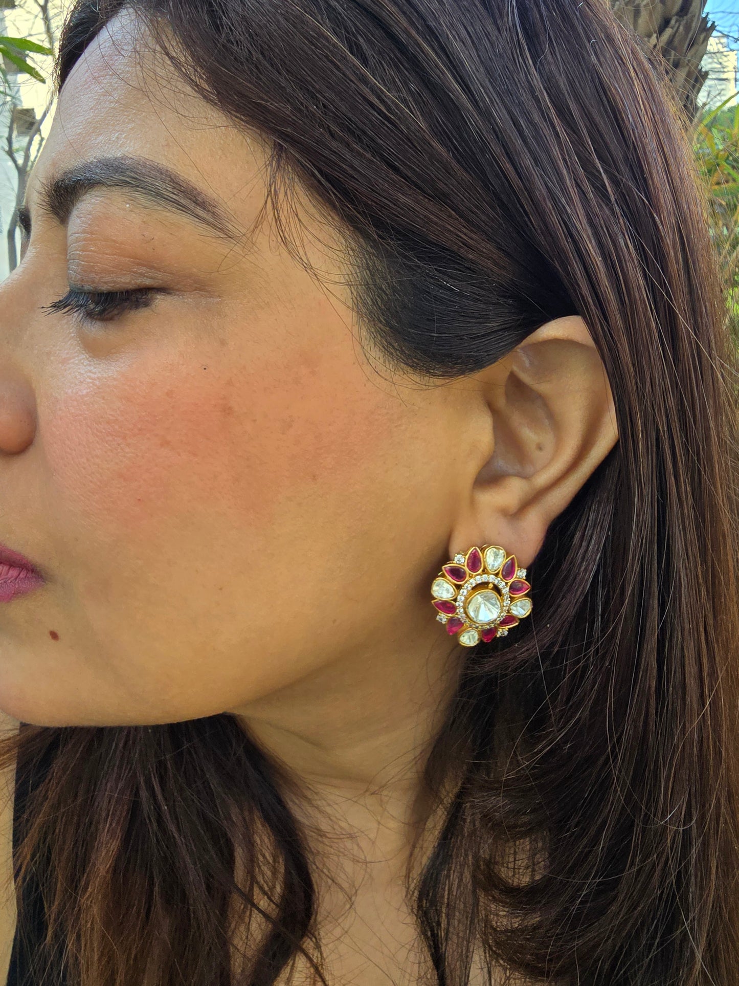 Gulabi Kiran: Ruby-Pink & Kundan Sunburst Floral Studs