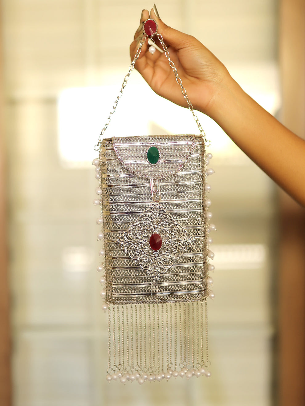 Silver Mobile pouch with fring Tassels