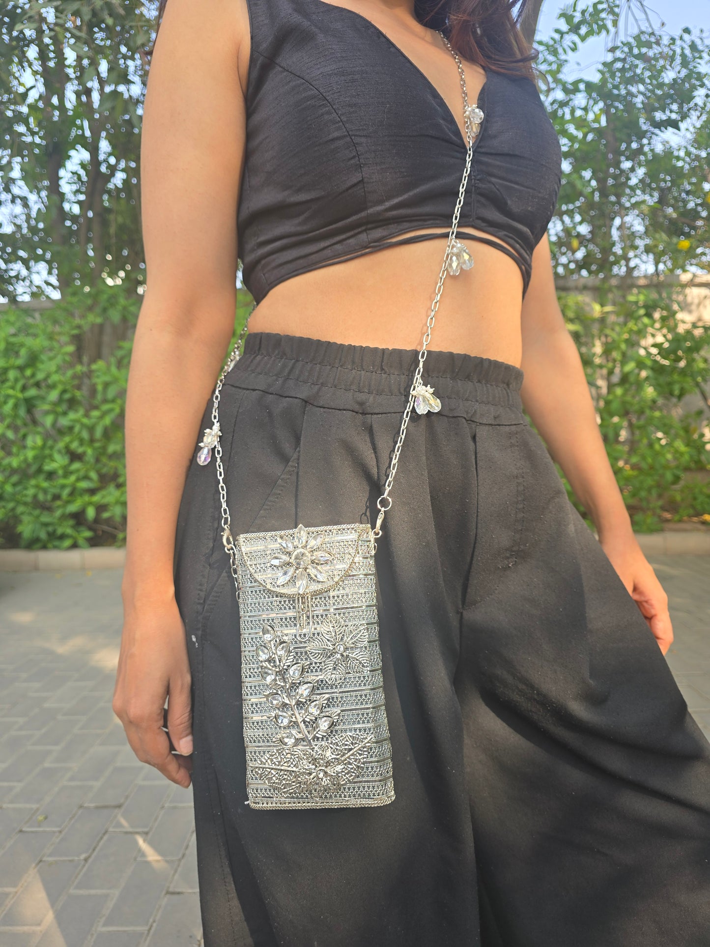 Ethnic Filigree Metal Phone Bag | 2-in-1 Waist & Crossbody Phone Pouch | Tasseled Festive Mobile Sling | Wedding Guest Gift