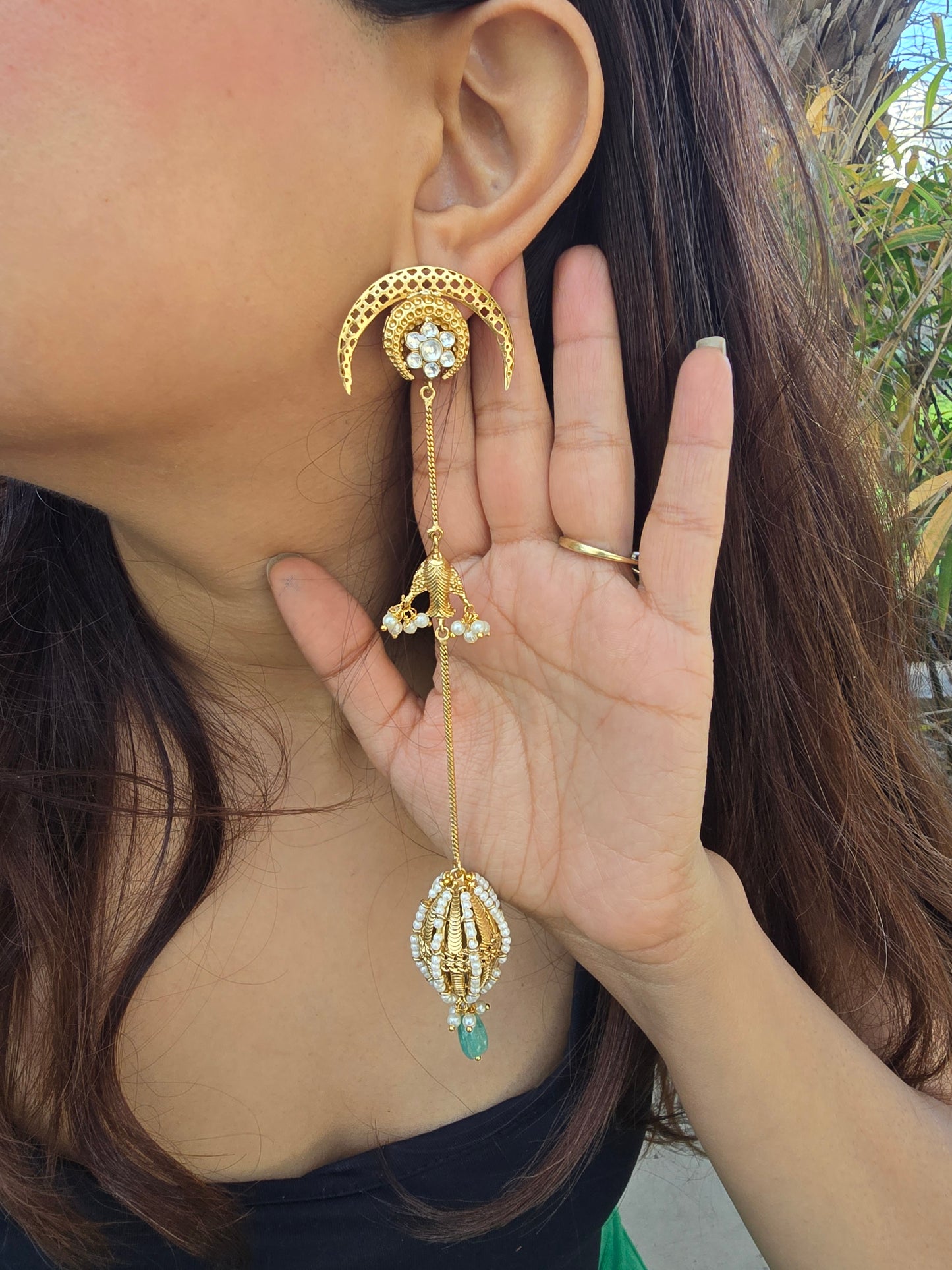 Celestial Moon & Pearl Long Drop Earrings - Extra Long Gold Jhumka Dusters - Crescent Kundan Statement Earrings - Indian Fusion Jewellery